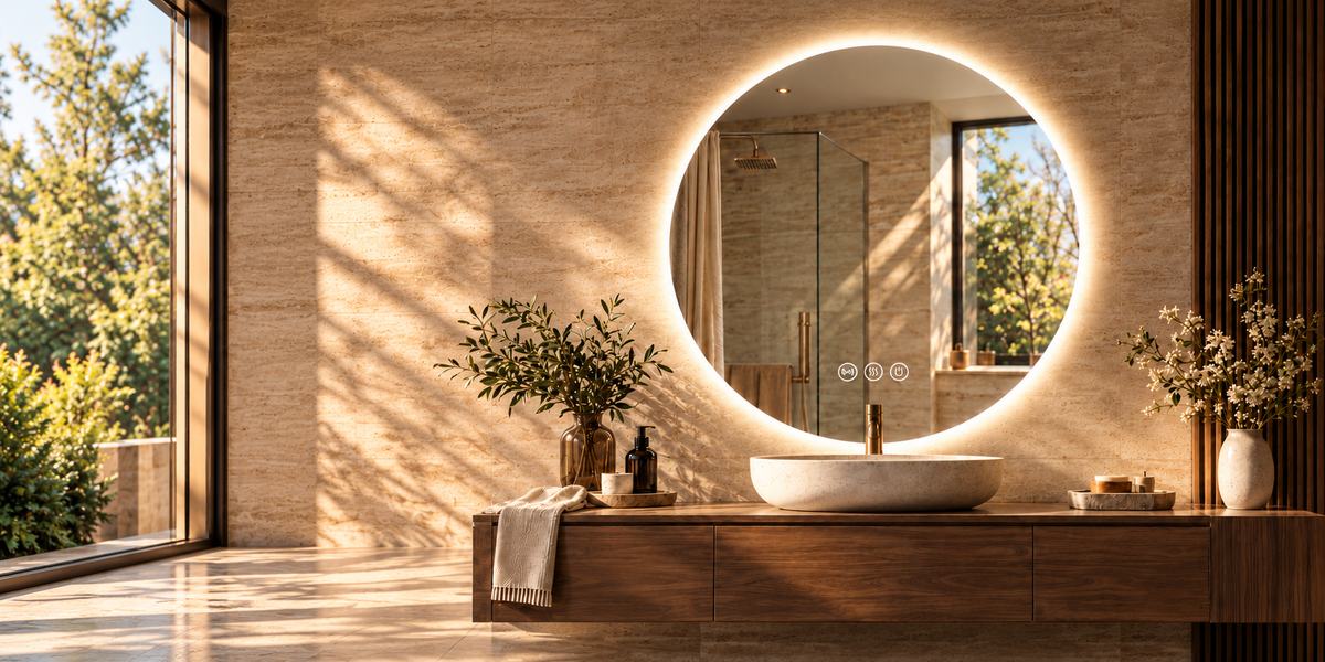 Mirror World Round Radar mirror in a warm stone bathroom advertising visualisation