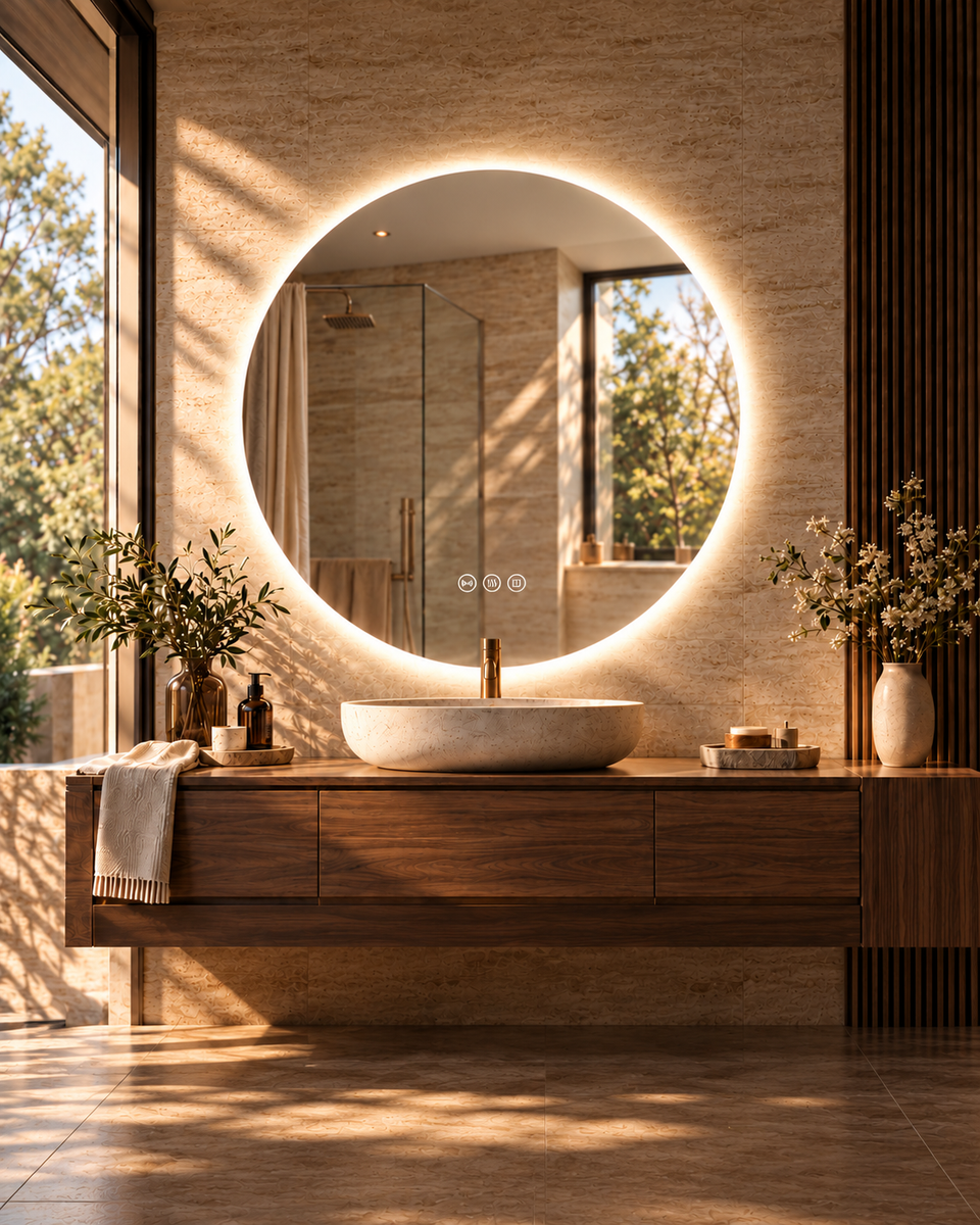 Mirror World Round Radar mirror in a warm stone bathroom advertising visualisation, mobile composition