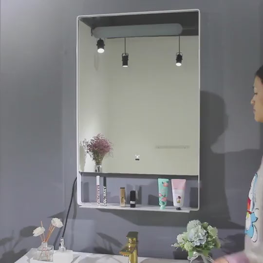 Luxury LED Mirror with White Shelf, Hand Sensor, Demister, Three Brightness Levels, And A Convenient Dimmer