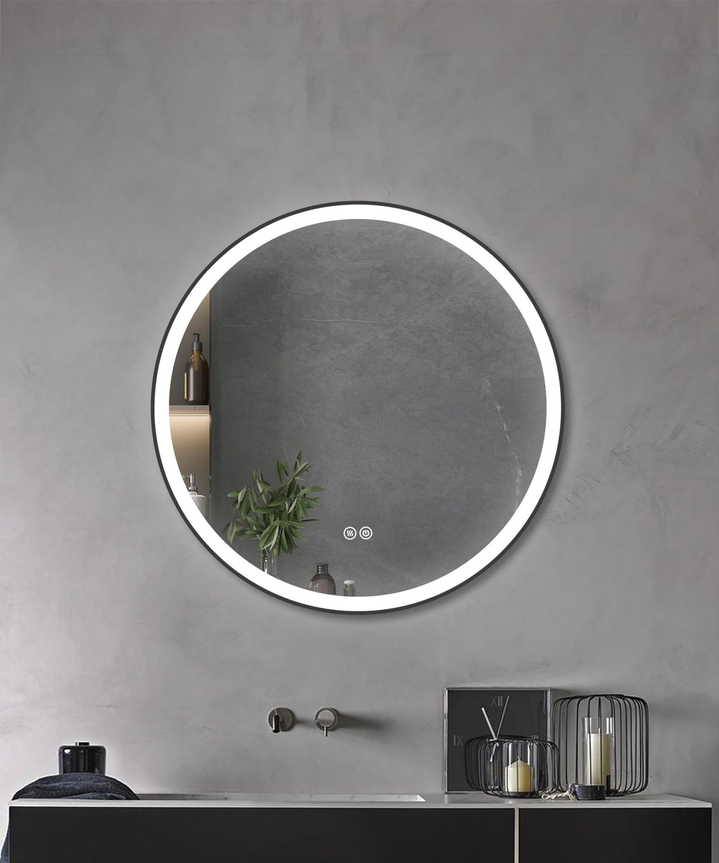Black Framed Round LED Mirror with a Demister, Three Colour Selections, And A Convenient Dimmer