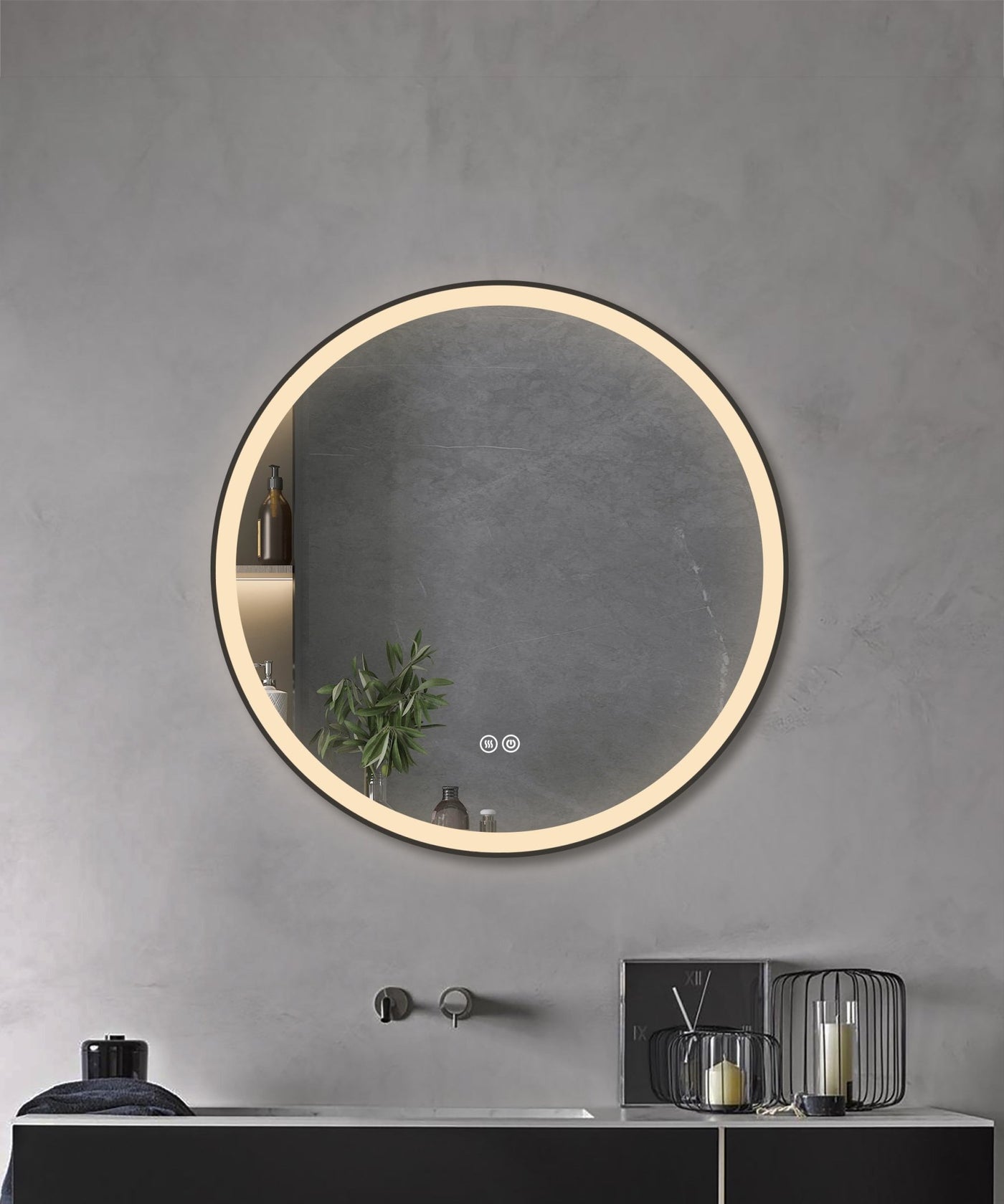 Black Framed Round LED Mirror with a Demister, Three Colour Selections, And A Convenient Dimmer