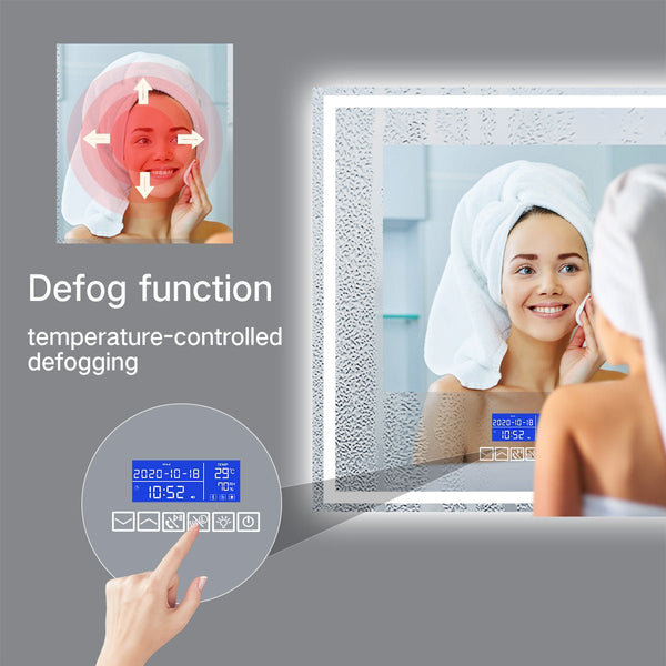 Smart Backlit LED Mirror with Time/Temperature/Calendar Display, Bluetooth, A Demister, Three Brightness Levels, Dimmer - Mirror World