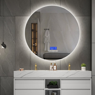 Smart Backlit Round LED Mirror with Time/Temperature/Calendar Display, Bluetooth, A Demister, Three Brightness Levels, Dimmer - Mirror World